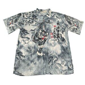 Skoops‎ Worldwide Tiger Dragon Graphic Lace Mesh Button Down Shirt Mens XL Blue